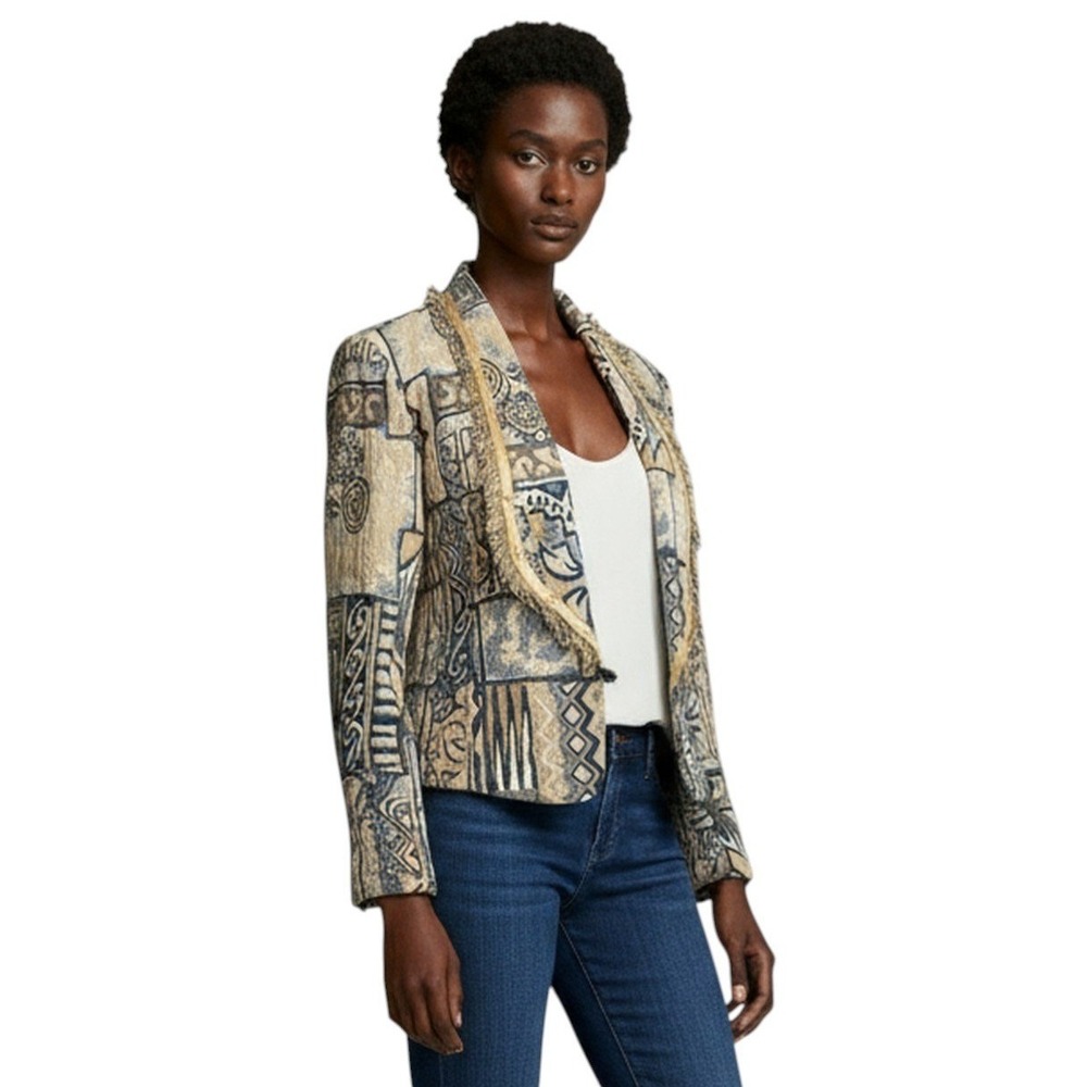 City Girl Sport Women's Tapestry Jacket ‎ Cropped 90s  Blue Tan Fringed Size 6